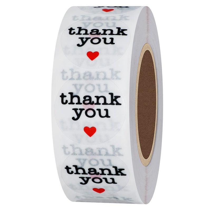 Hybsk Thank You Stickers with Black Heart 1 Inch Round 1,000 Adhesive Labels Per Roll (Transparent Material) - Image 1